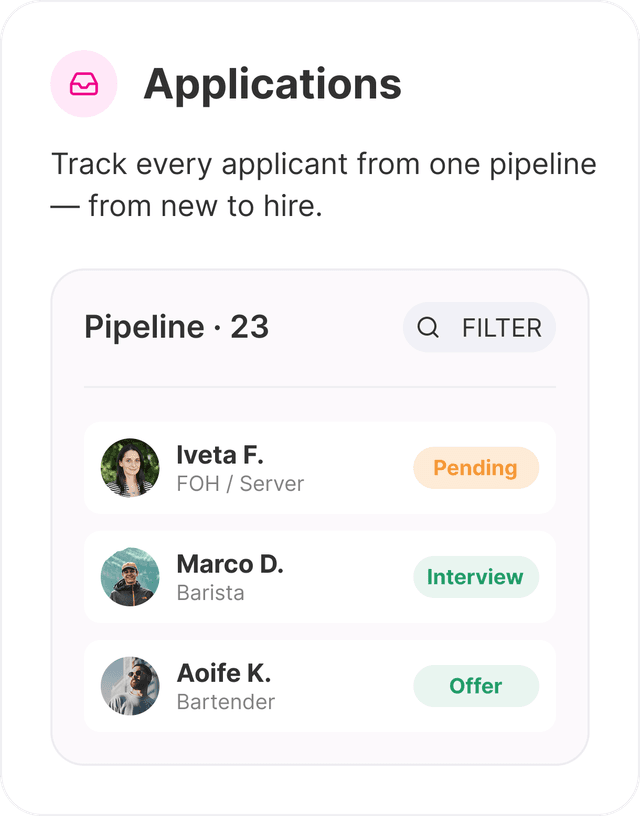 Applications feature with applicant pipeline and status tracking