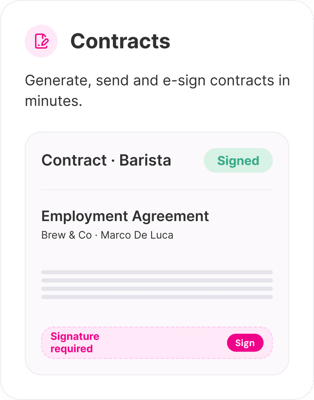 Contracts feature with employment agreement and e-sign
